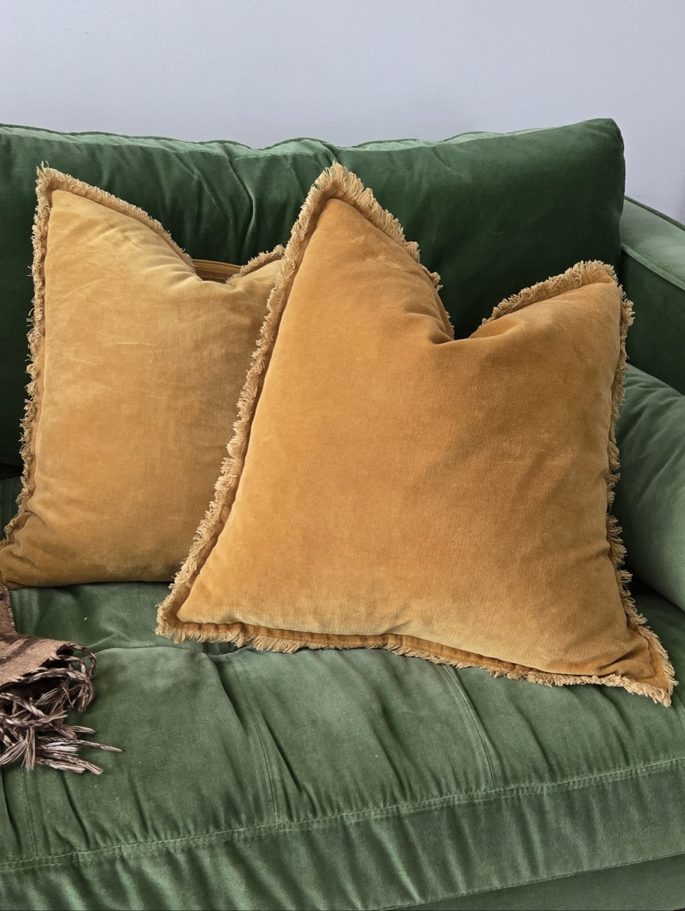 Pair 45cm Mustard Velvet Fringe Throw Pillow Covers - 2